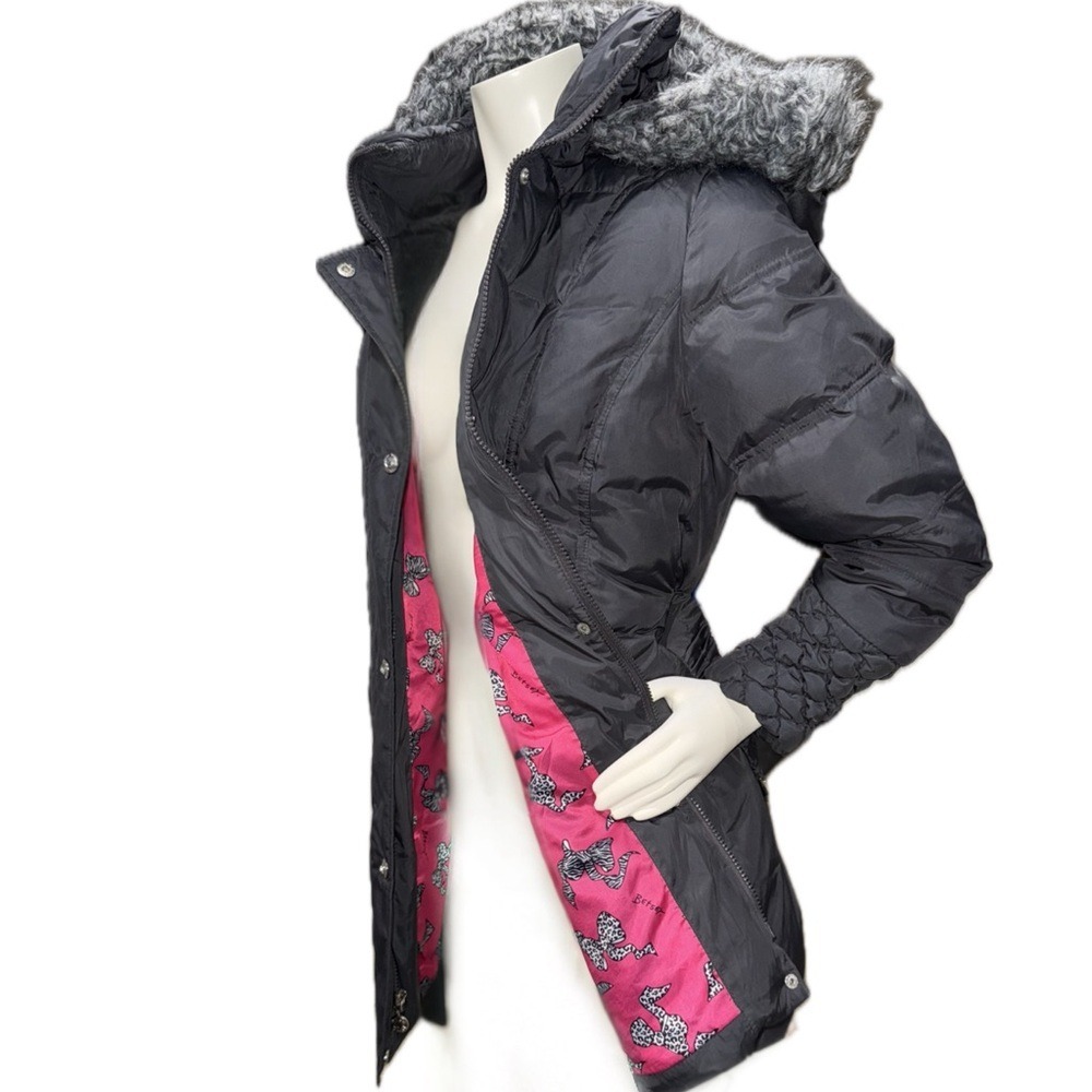 BETSEY JOHNSON Y2K Gray Belted Puffer Coat | Faux Fur Hood Pink Leopard | Sz L